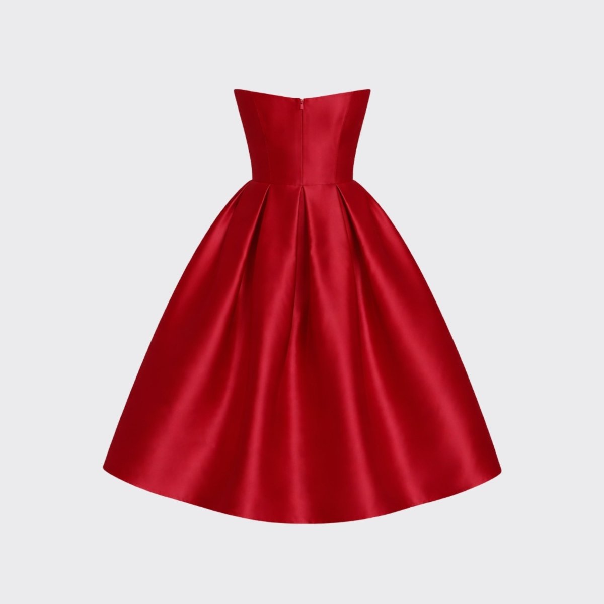 Back view of wine red structured satin strapless midi dress flat lay showing tailored bodice and back zip closure