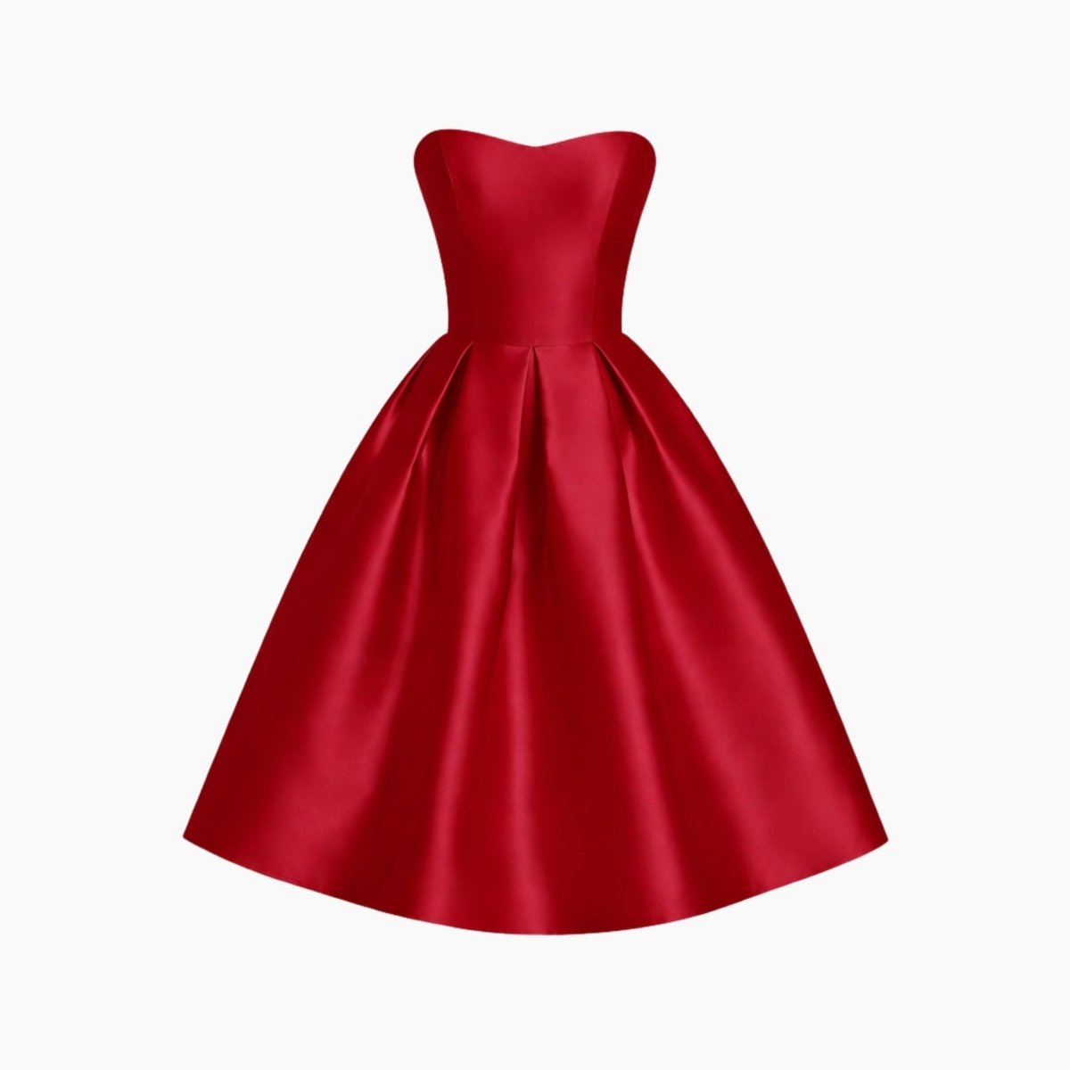 Wine red strapless sweetheart neckline satin pleated fit and flare midi dress flat lay product shot on white background