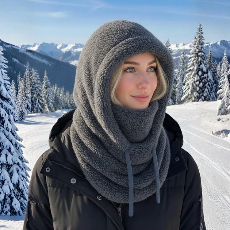 Side view of grey winter fleece balaclava hood showing thick, cozy texture.