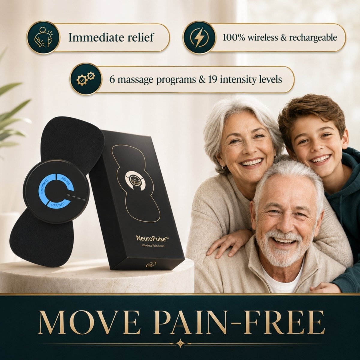 A smiling multi-generational family celebrating a active, pain-free life next to the 6 massage programs and 19 intensity levels specification layout for NeuroPulse.