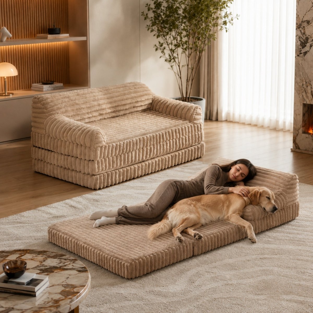 Woman and golden retriever sleeping peacefully together on the expanded Kouvr orthopedic human dog bed.