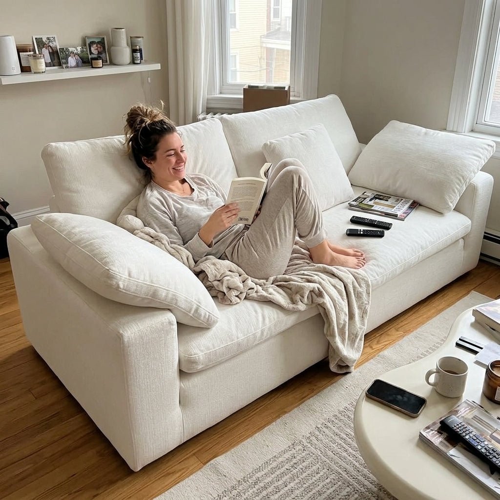 A smiling woman relaxing comfortably with her feet up, reading a book on the plush, deep-seated Kouvr white modular lounge sofa.
