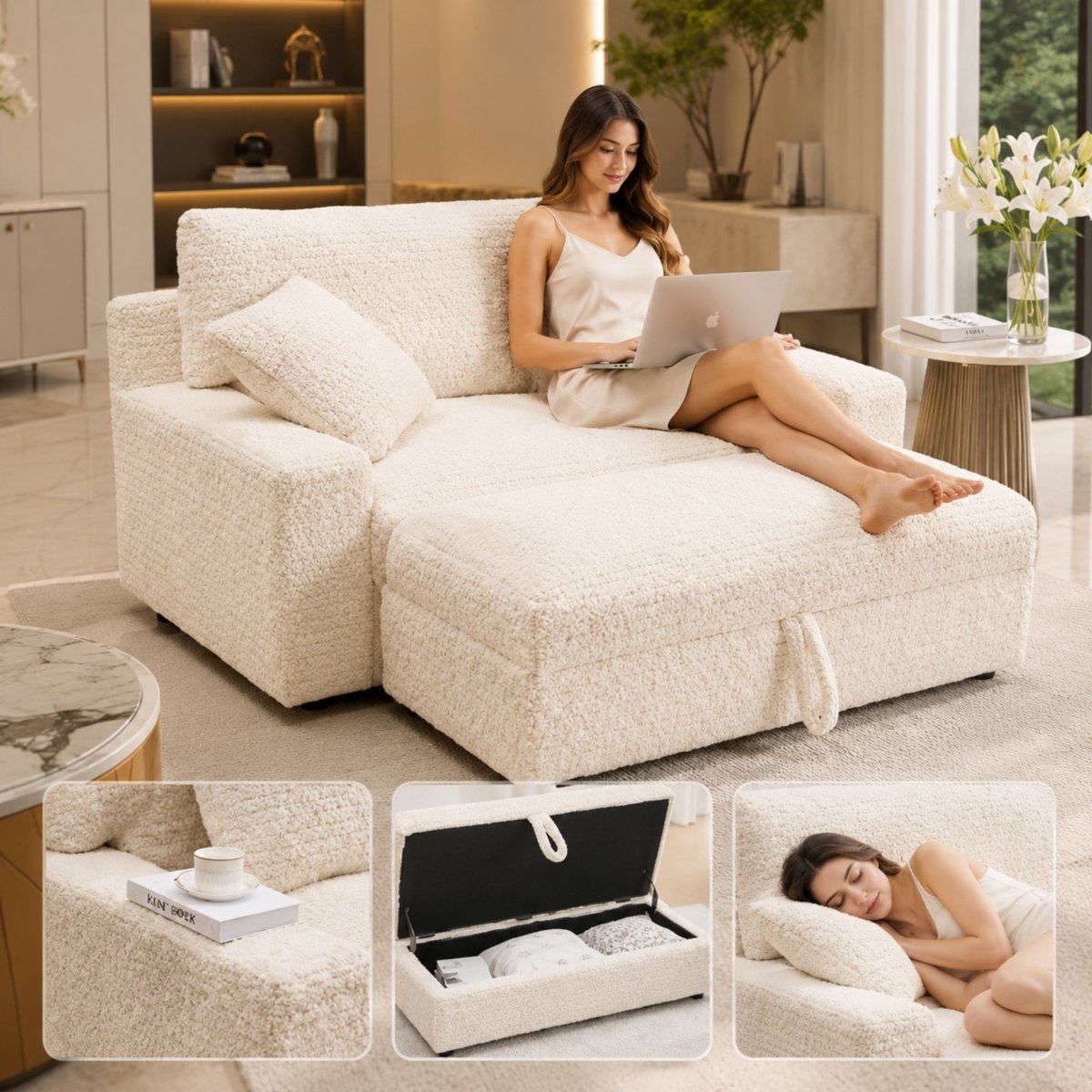 Woman in silk loungewear working on a laptop beige relaxing on a cozy cream sherpa modular sofa, highlighting the deep seat and plush backrest.