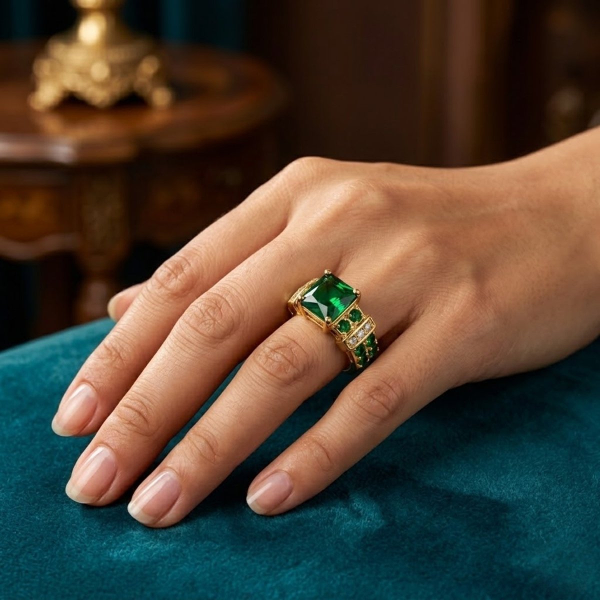 A woman's hand with a neutral manicure wearing the Kouvr Yara emerald and gold cocktail ring, resting on a velvet cushion.
