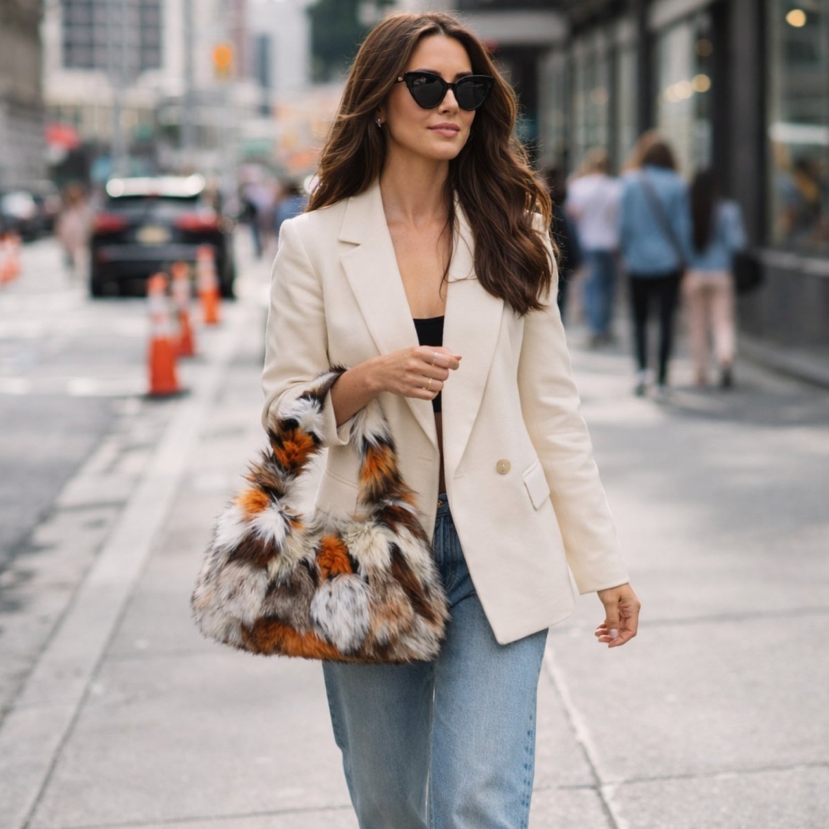 A stylish woman in a white blazer and sunglasses carrying the multi-color Kouvr faux fur statement handbag on a city street.
