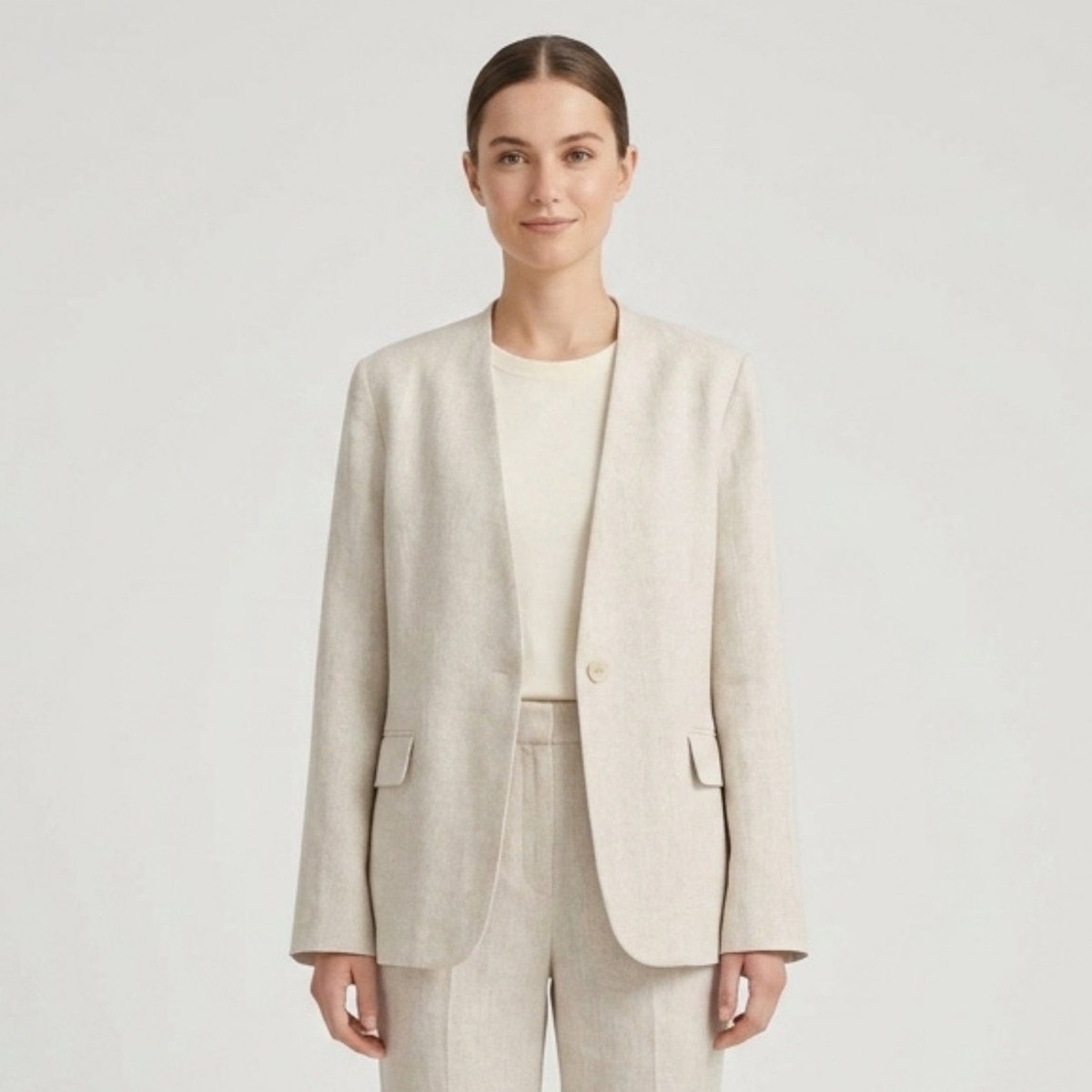  Woman wearing a light beige collarless linen blazer over a white top, front view studio shot.