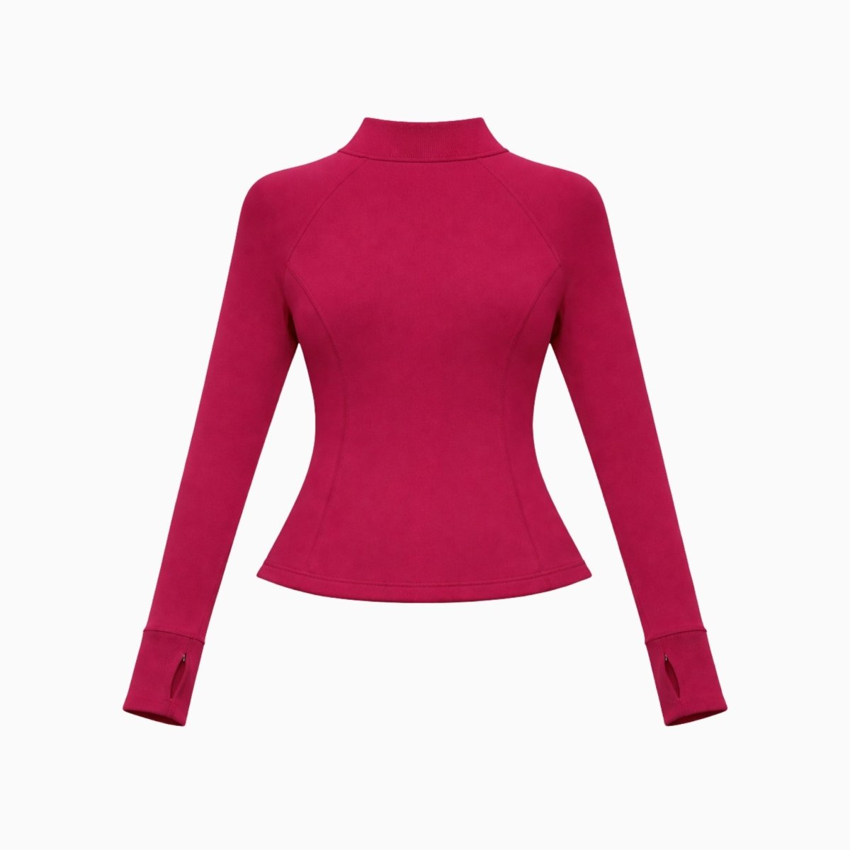 Flat lay back view of berry red mock neck track jacket highlighting sculpting seams