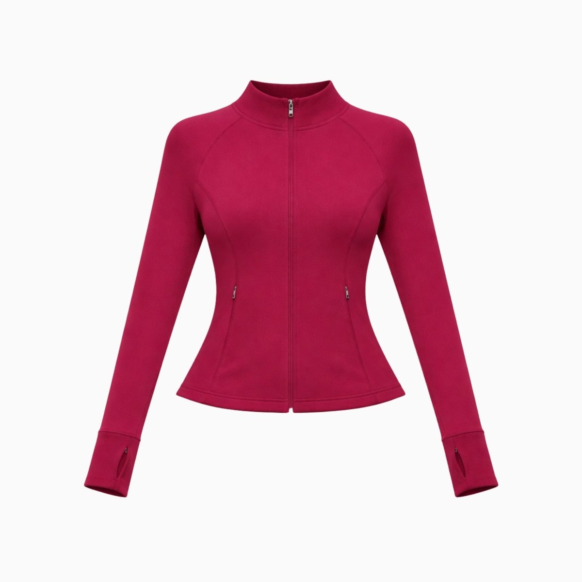 Flat lay front view of berry red long sleeve fitted activewear jacket with full zipper and thumbholes