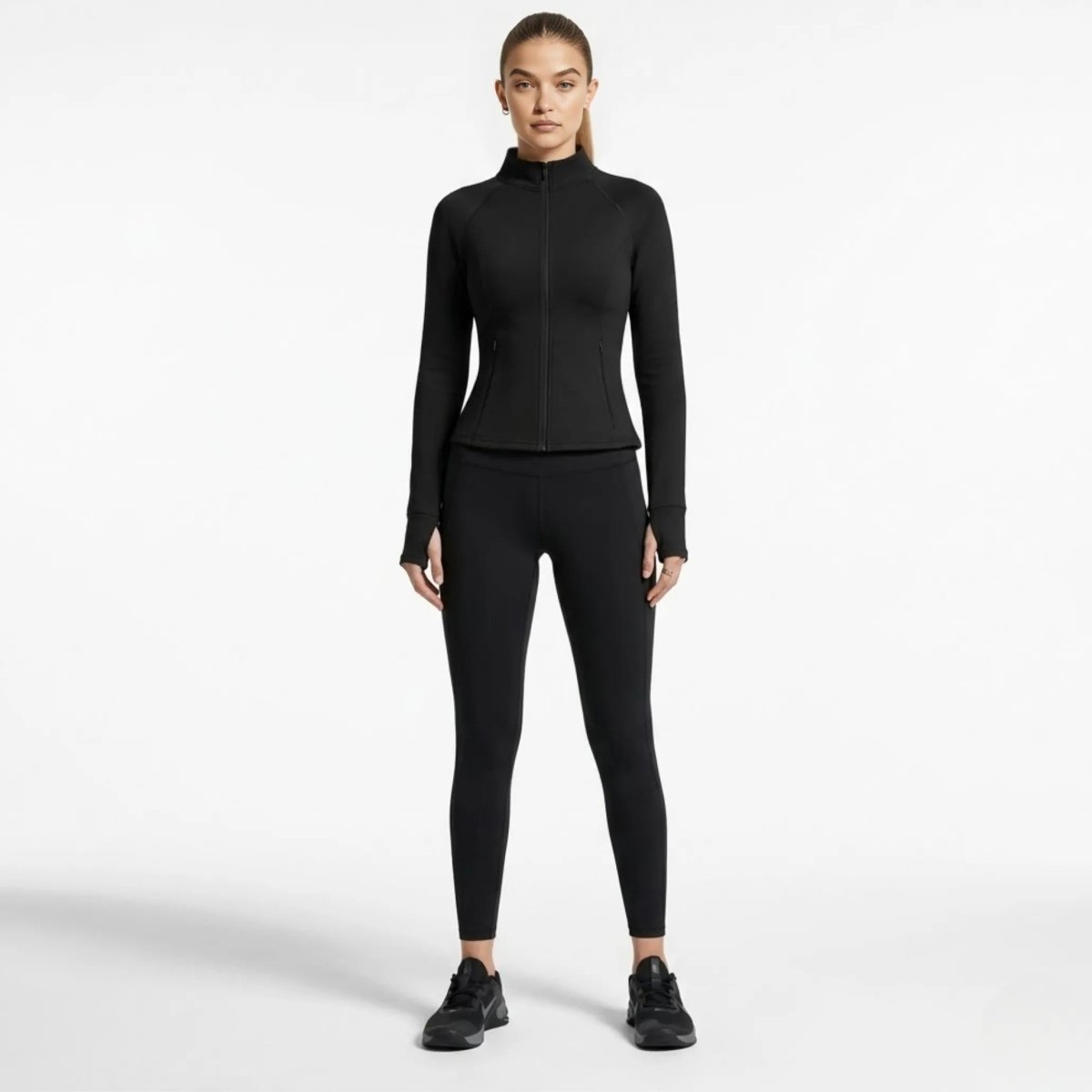 Full body lifestyle shot of woman in black athleisure outfit featuring Kouvr front zip workout jacket and leggings.