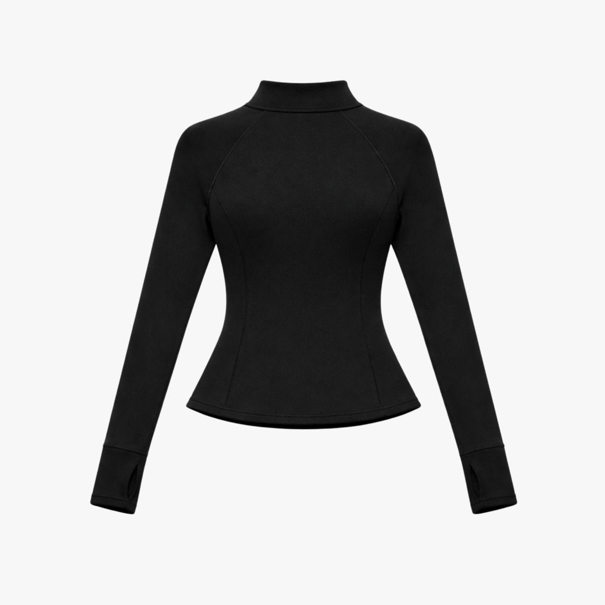 Flat lay product shot of back of black women's structured athletic jacket showing tailored waist seams.