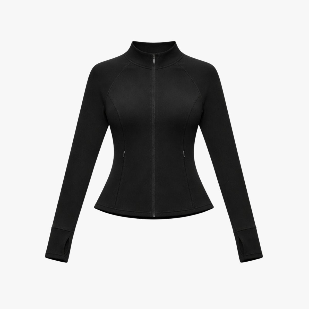 Flat lay product shot of black women's long sleeve zip-up activewear jacket with thumbholes.