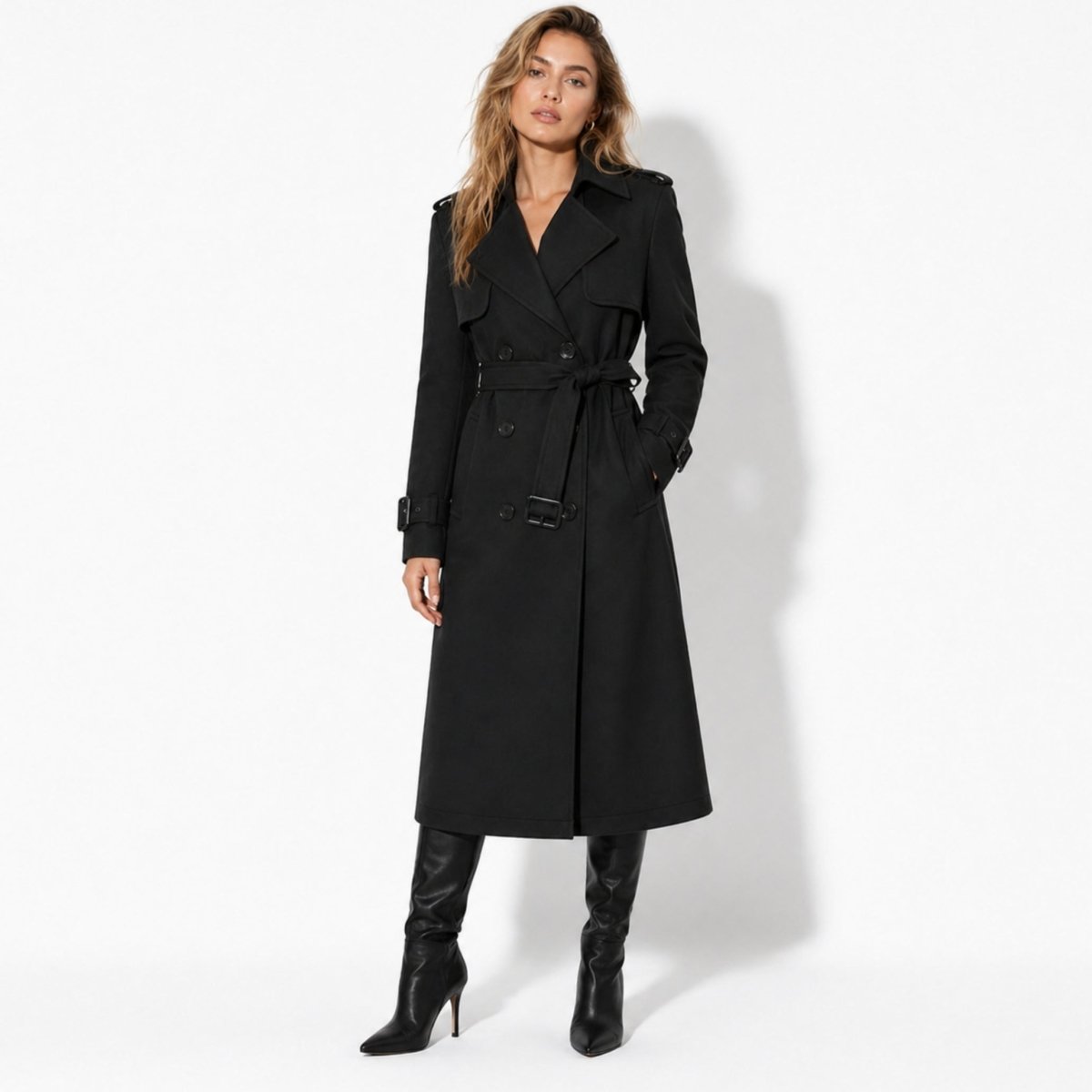 Women's classic black double breasted long trench coat front view tailored fit
Image 2 Nam