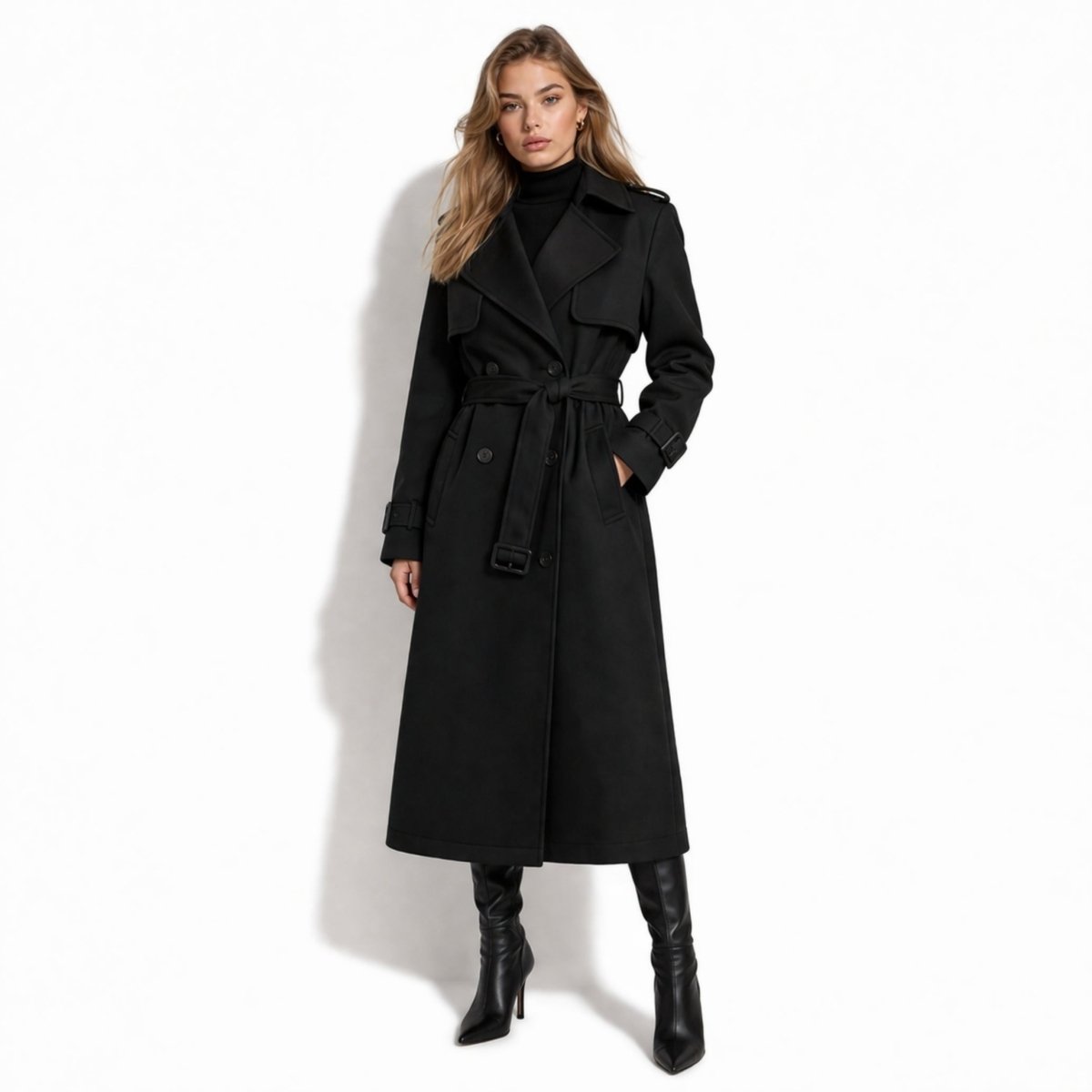 Woman wearing open black maxi trench coat over turtleneck fall winter styling