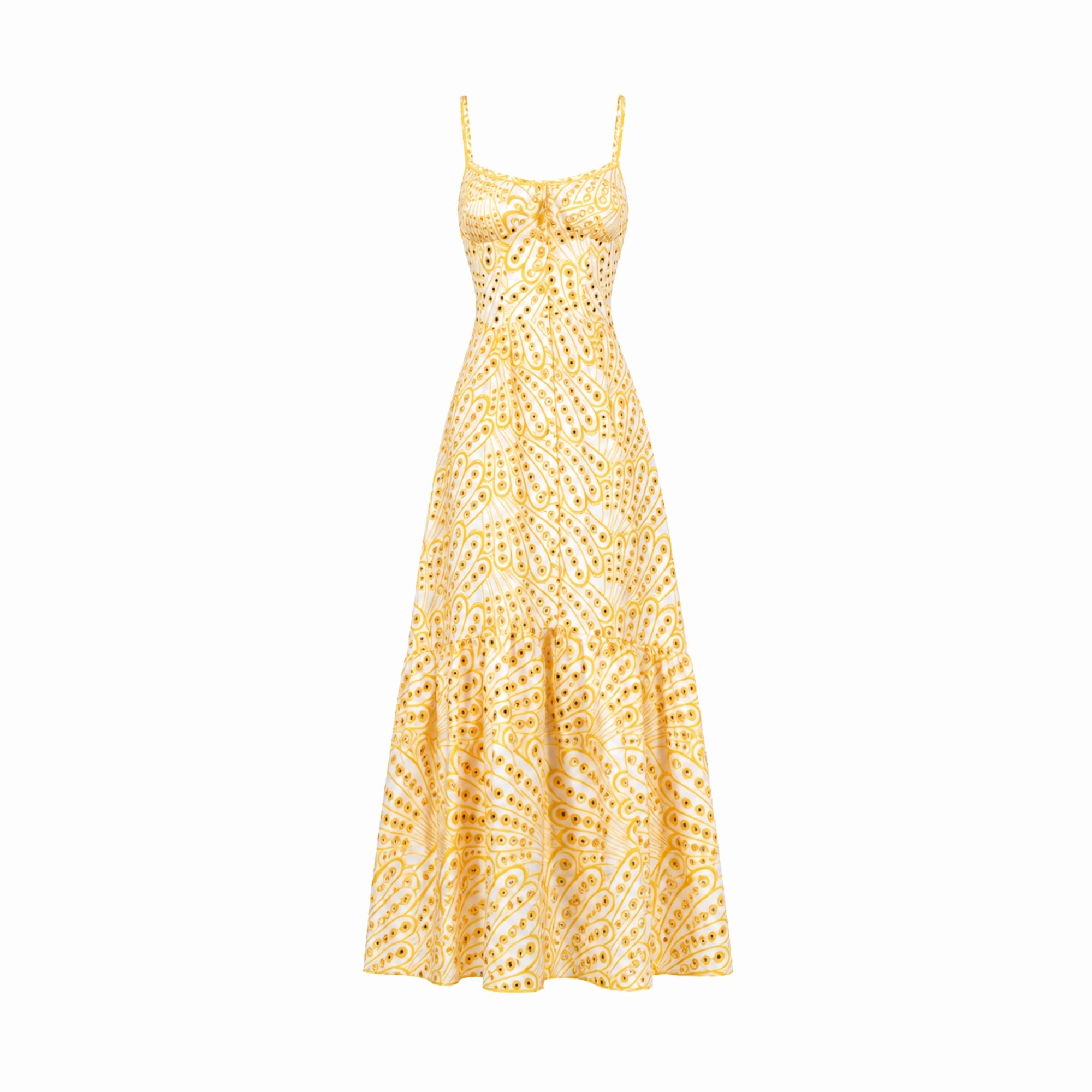 Close up detail of intricate broderie anglaise embroidery and scalloped trim on Kouvr affordable luxury summer dress