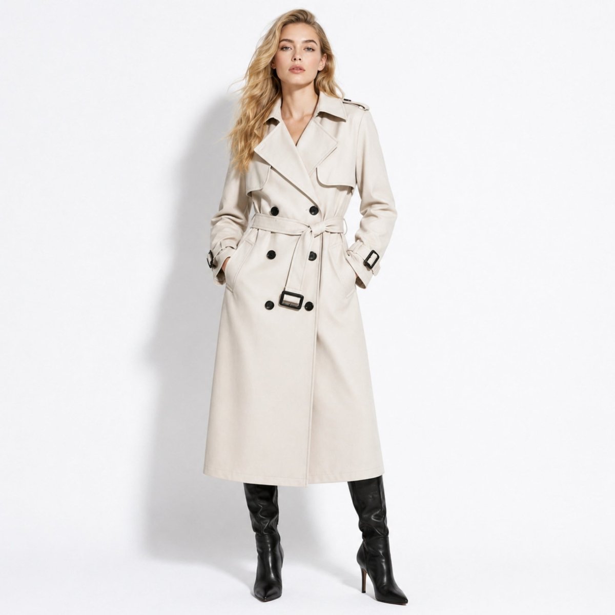 Woman wearing a classic double breasted ivory trench coat with waist belt, dark buttons, and black knee high stiletto boots.