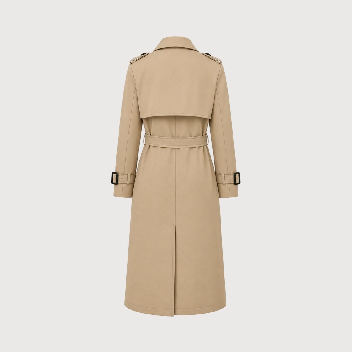 Flat lay product shot of the back of a women's khaki trench coat highlighting the shoulder epaulettes and back vent