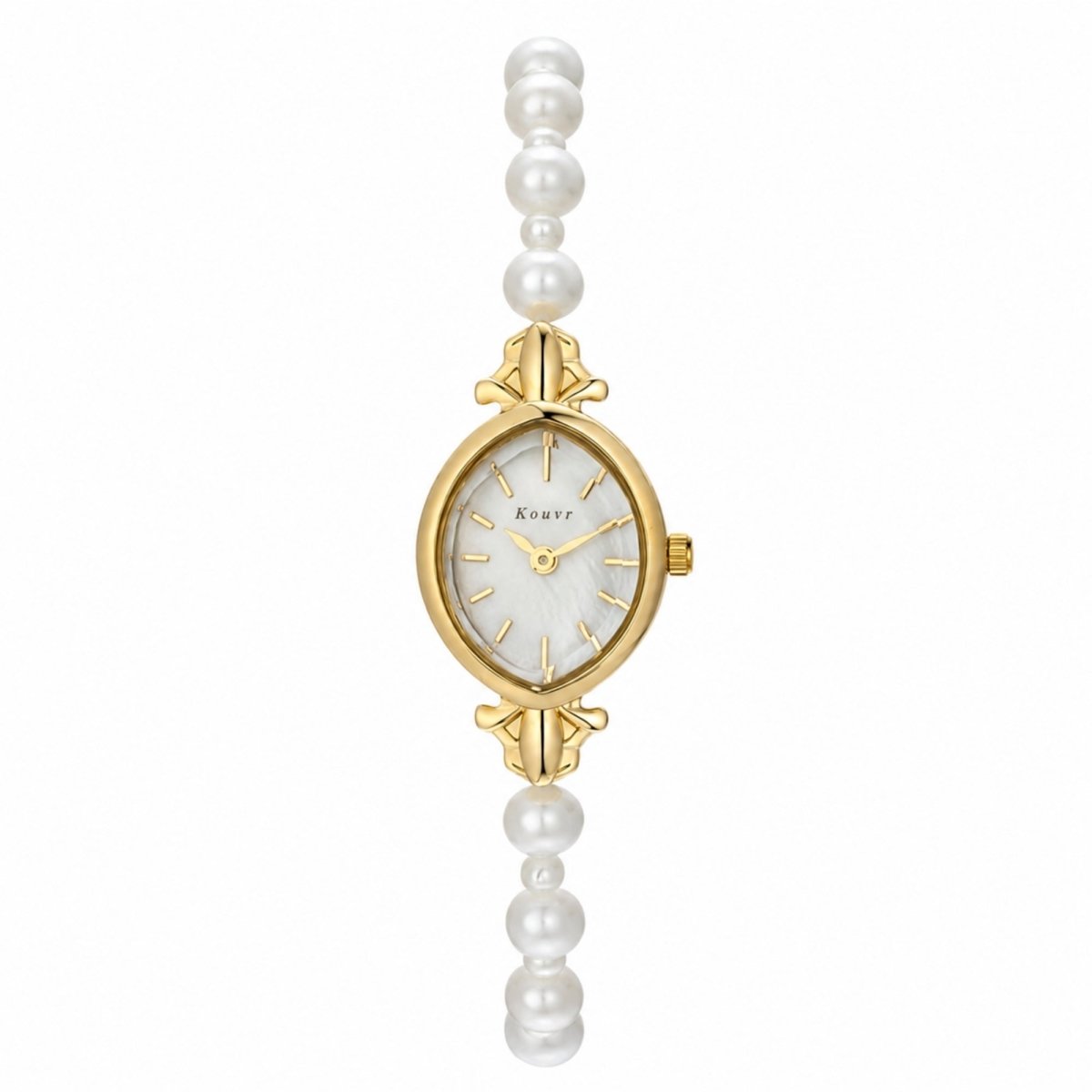 Front view of the Kouvr women's gold oval watch featuring a shimmering mother of pearl dial and a genuine pearl strap.