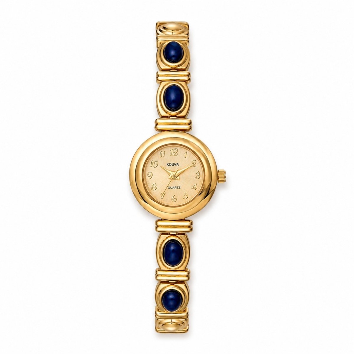 Direct front view of the Kouvr women's gold quartz dress watch, showcasing the champagne dial, classic numerals, and rich blue stone bracelet links.