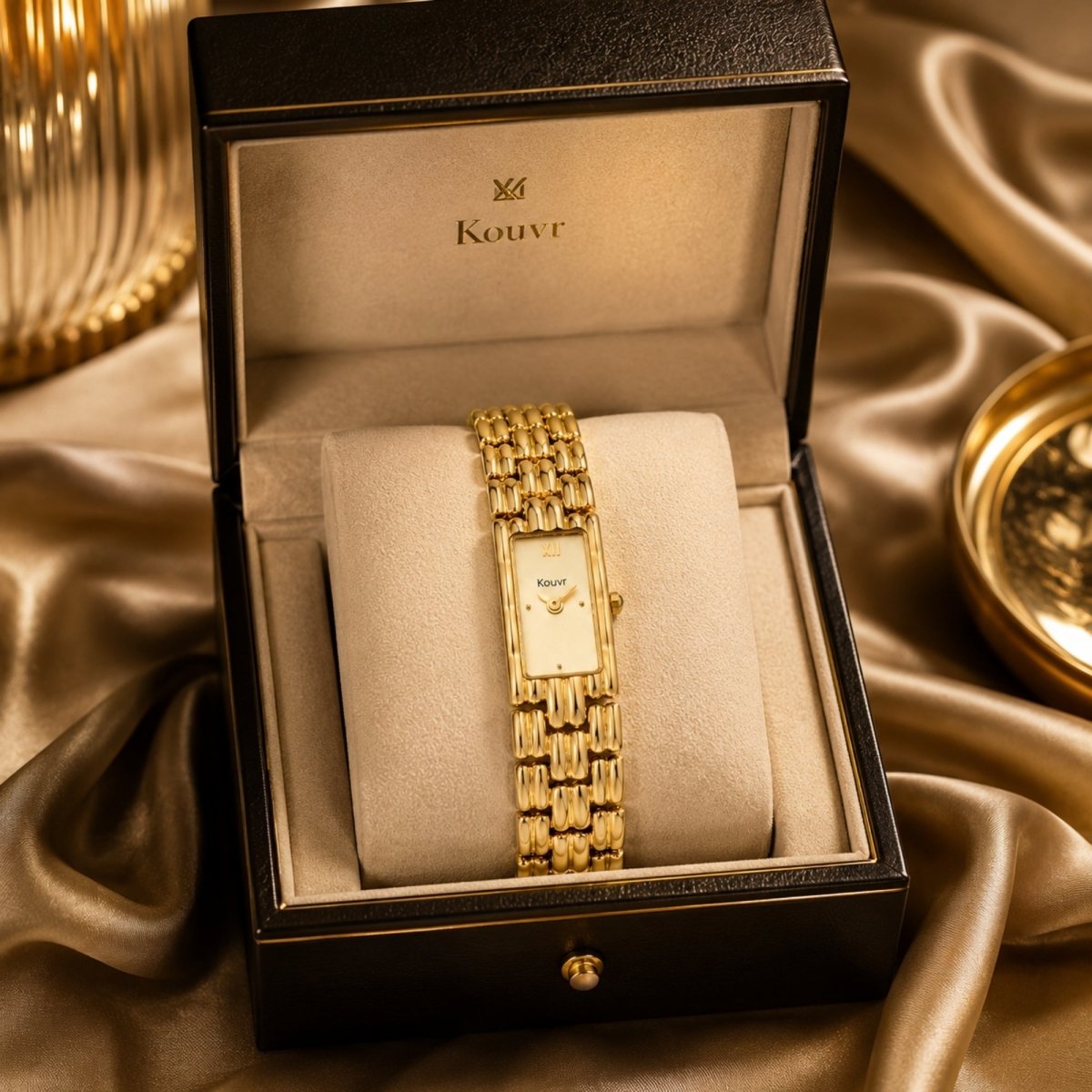 Luxury women's gold rectangular dial watch by Kouvr displayed inside a premium velvet-lined presentation box on a gold silk background.