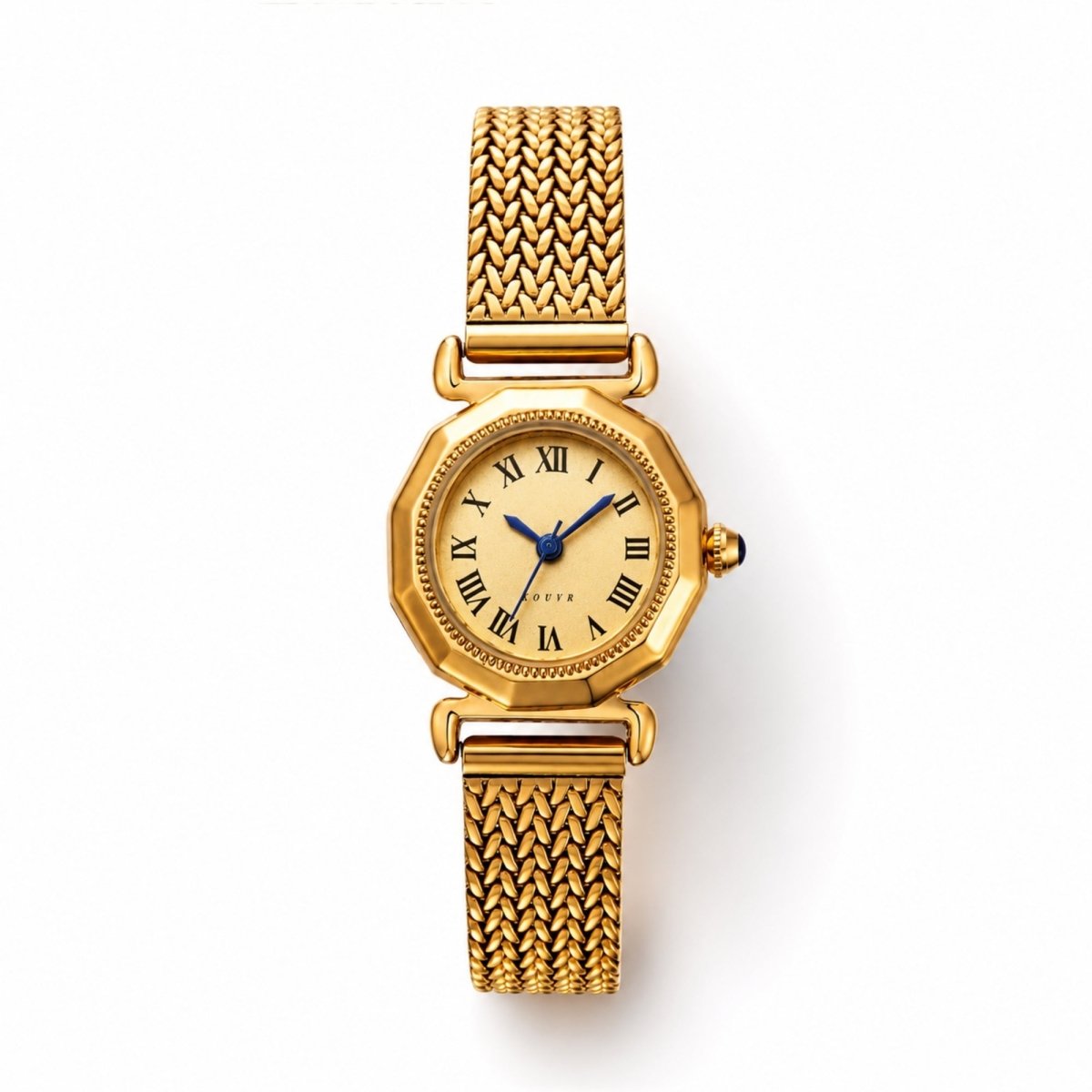 Front view of Kouvr gold stainless steel watch featuring an octagonal dial, roman numerals, and blue hands