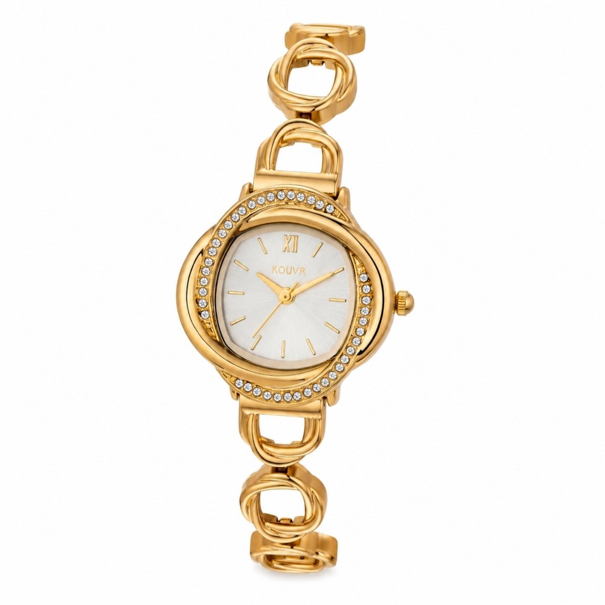 Angled view of the Kouvr vintage style gold watch showing the interlocking chain link strap and scratch-resistant glass.