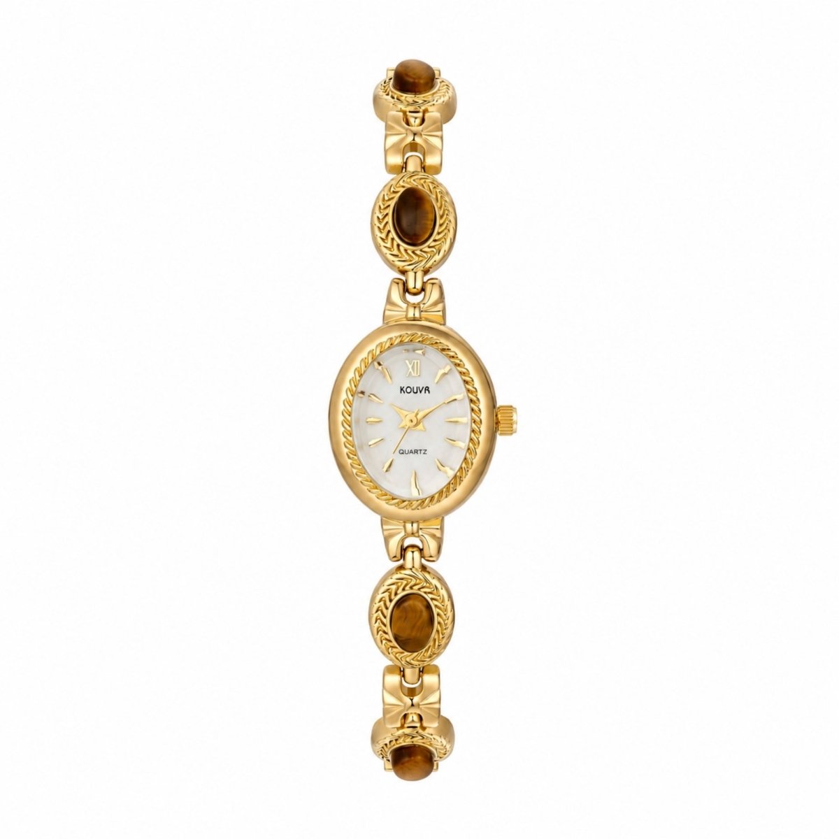 Straight on front view of the Kouvr women's gold tone stainless steel watch featuring a white dial, roman numerals, and tiger eye gemstone bracelet.