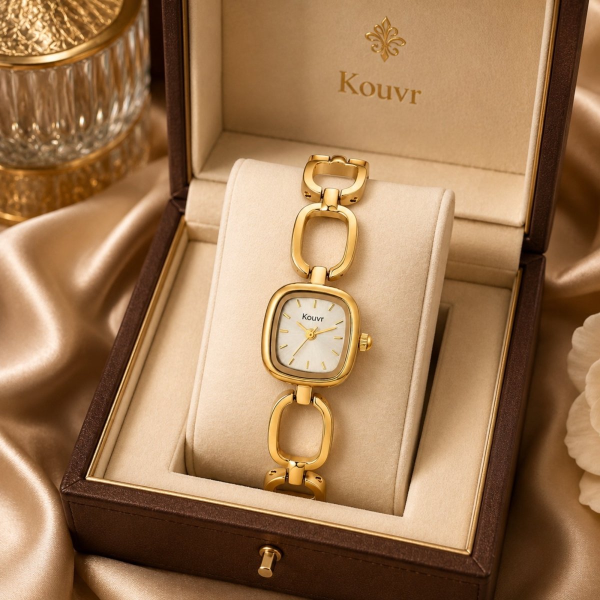 Elegant women's vintage gold chain bracelet watch with a small square face resting in a luxury brown leather presentation box by Kouvr.
