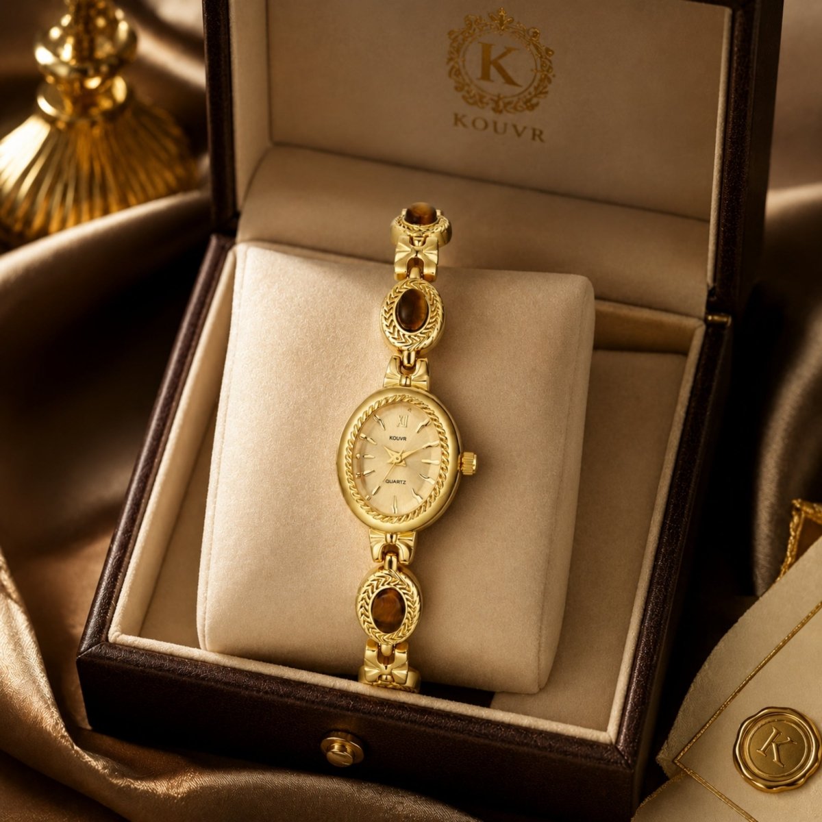 Kouvr women's gold vintage style watch featuring a matching gold sunray dial presented in a premium brown luxury leather-style gift box.