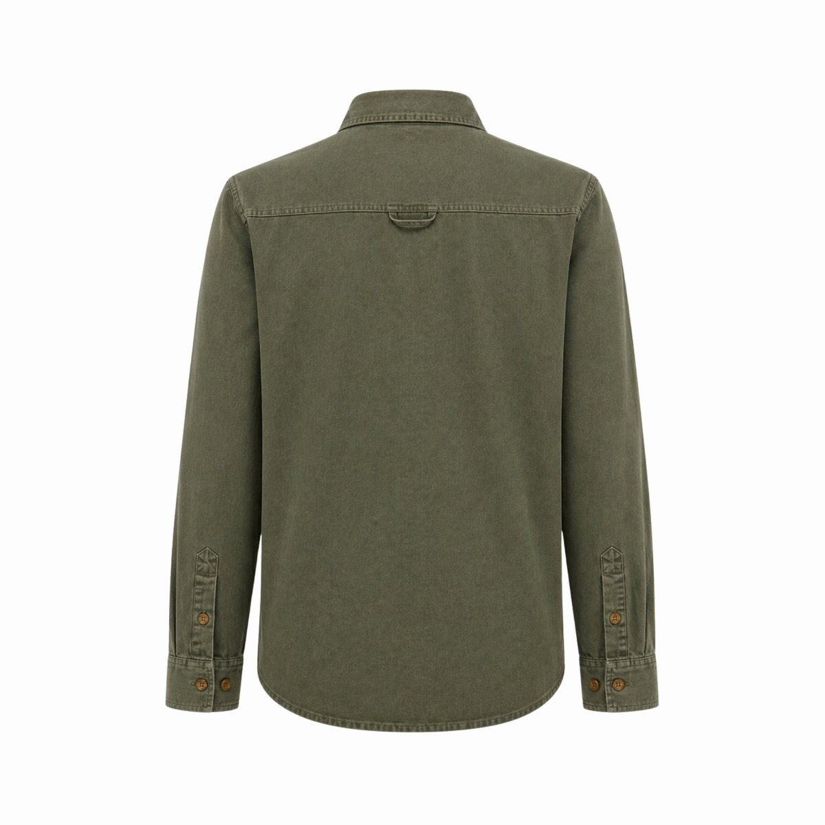Flat lay back view of an green women's shirt showing back locker loop detail