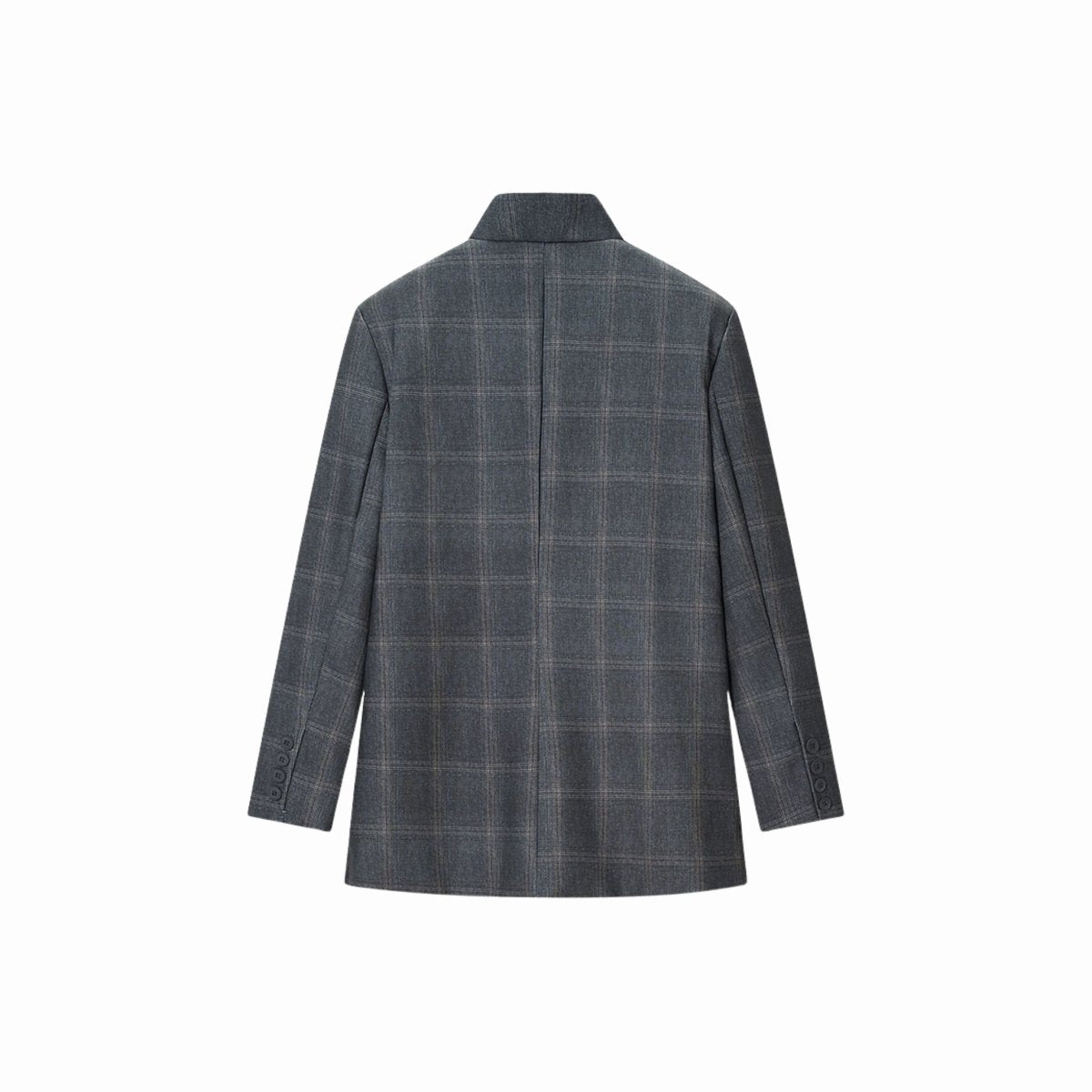 Ghost mannequin back flat lay of the Kouvr grey tailored suit jacket showing structural back seams.