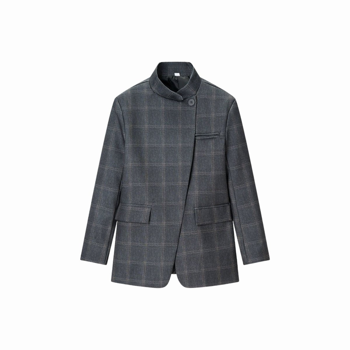 Ghost mannequin front flat lay of the Kouvr grey windowpane plaid asymmetric button-up blazer.