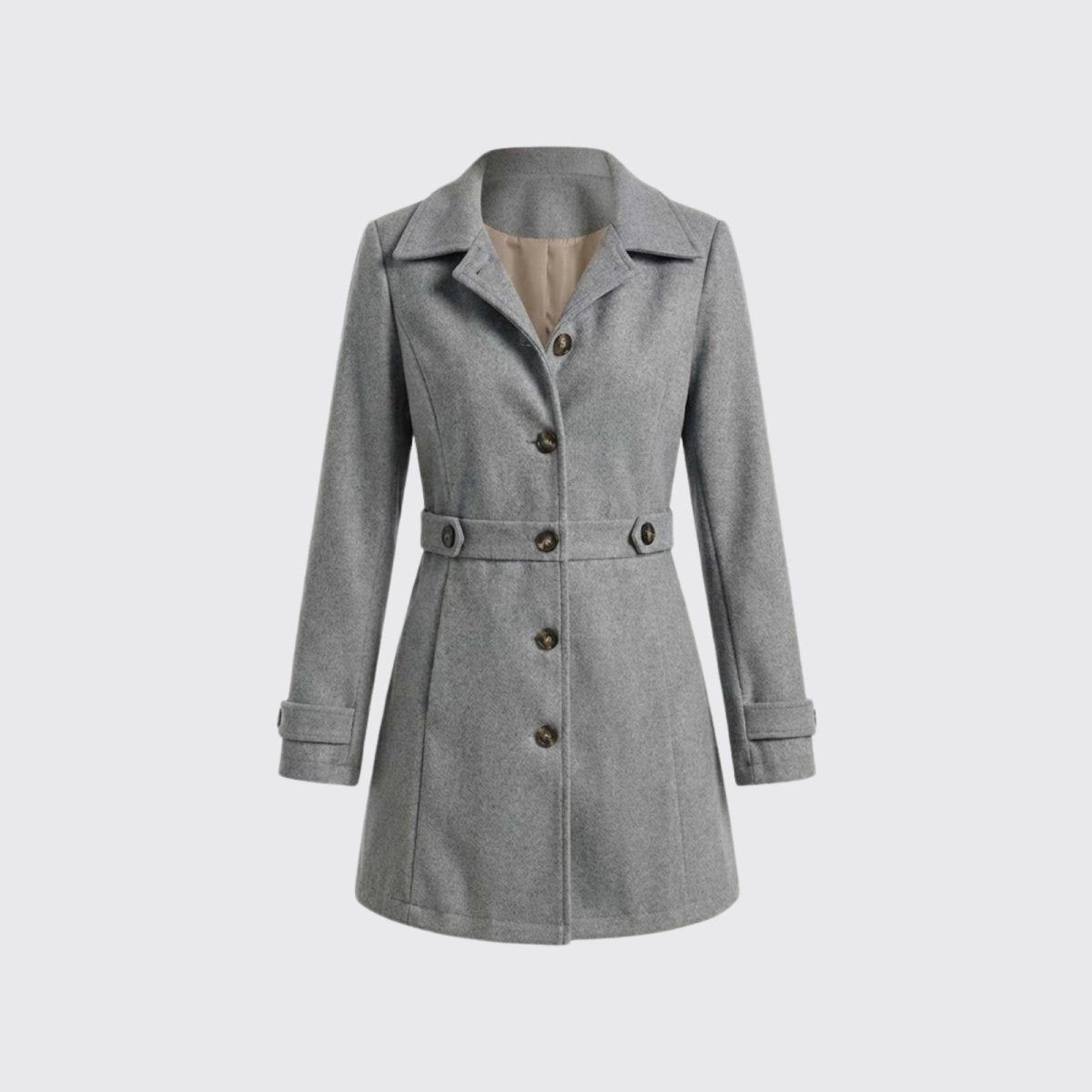 Product-only shot of a women's single-breasted grey wool coat with a removable belt, laid flat on a light grey background.
