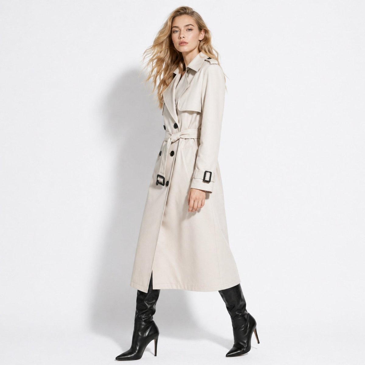Fashion model walking confidently in a long belted stone ivory trench coat showing elegant movement, side profile, and sophisticated styling.
