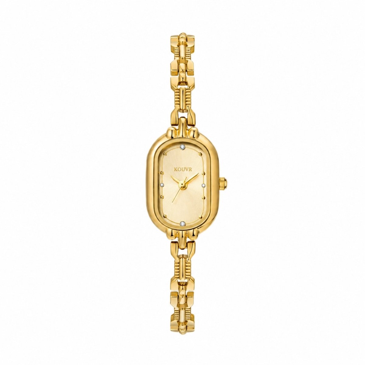 Straight front view of Kouvr dainty gold watch featuring an oval dial and four crystal hour markers