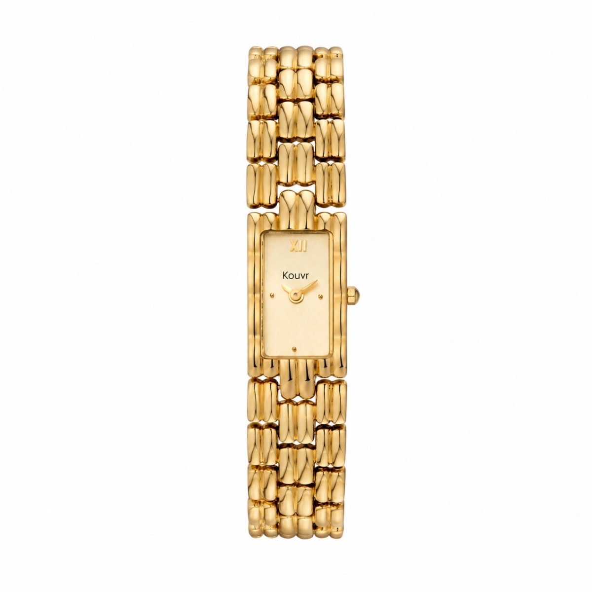 Straight on view of a women's vintage style gold watch featuring a rectangular face, minimalist dial, Roman numeral XII, and polished link band.