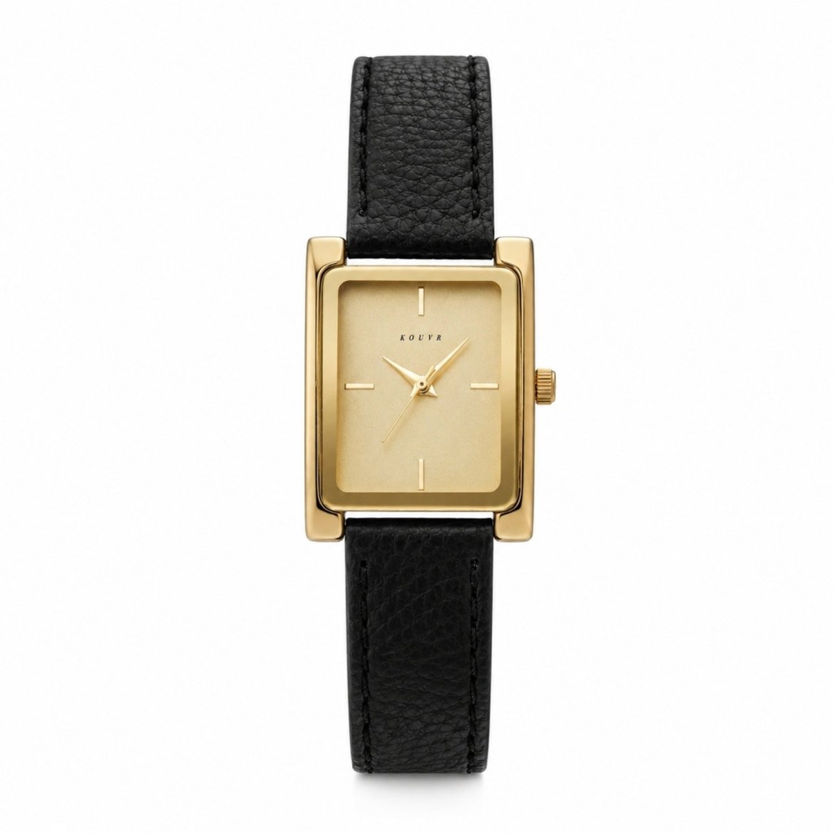 Front view of the Kouvr women's vintage style watch featuring a rectangular gold stainless steel case and a textured black real leather strap.