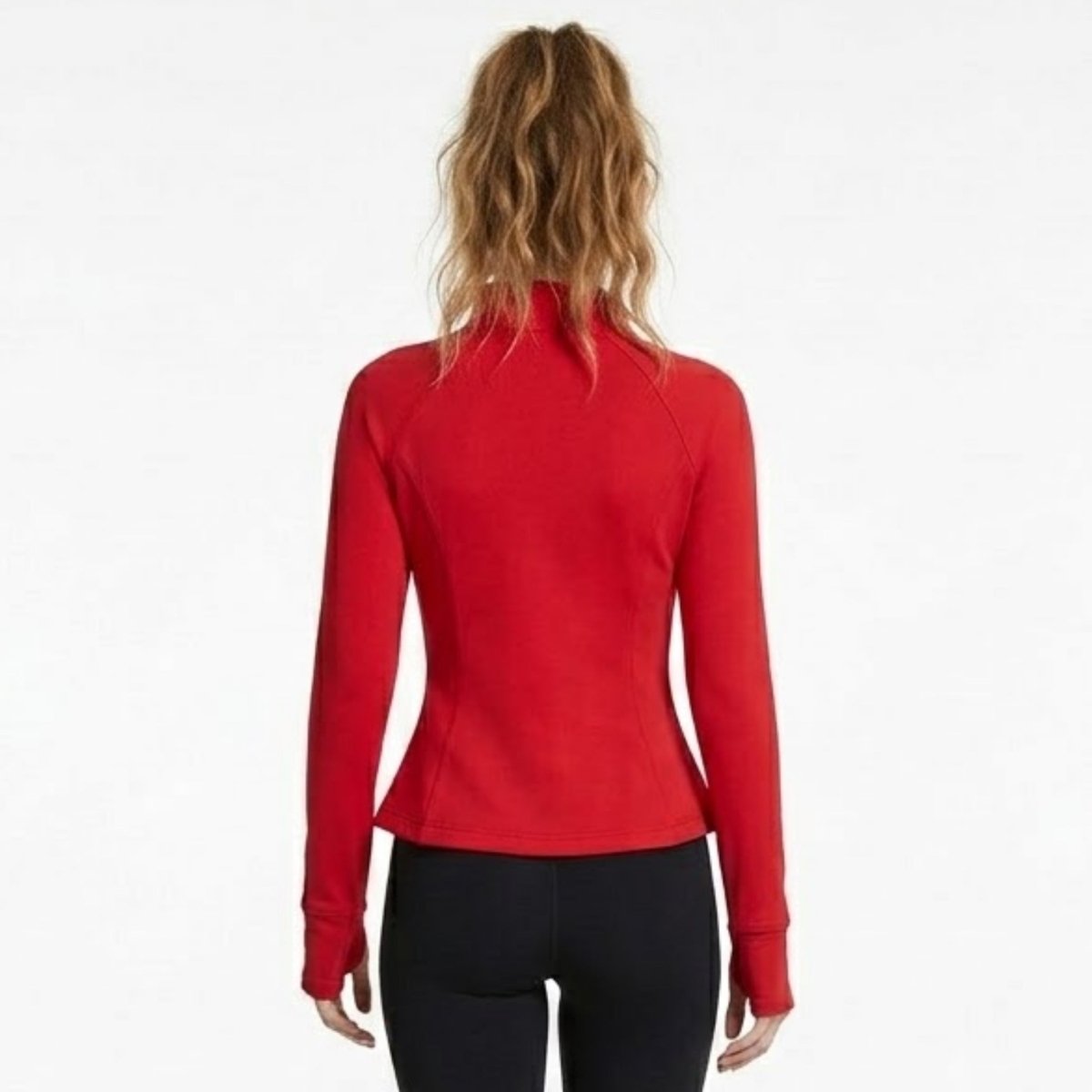 Women's red fitted zip-up athletic jacket back view highlighting contoured seam details