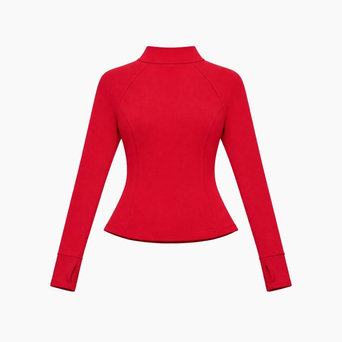 Flat lay back view of red activewear track jacket showing tailored raglan sleeves