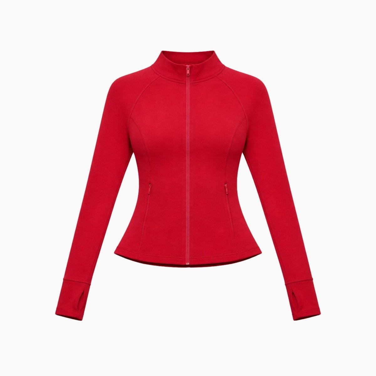 Flat lay front view of red zip-up athletic track jacket with mock neck and thumbholes