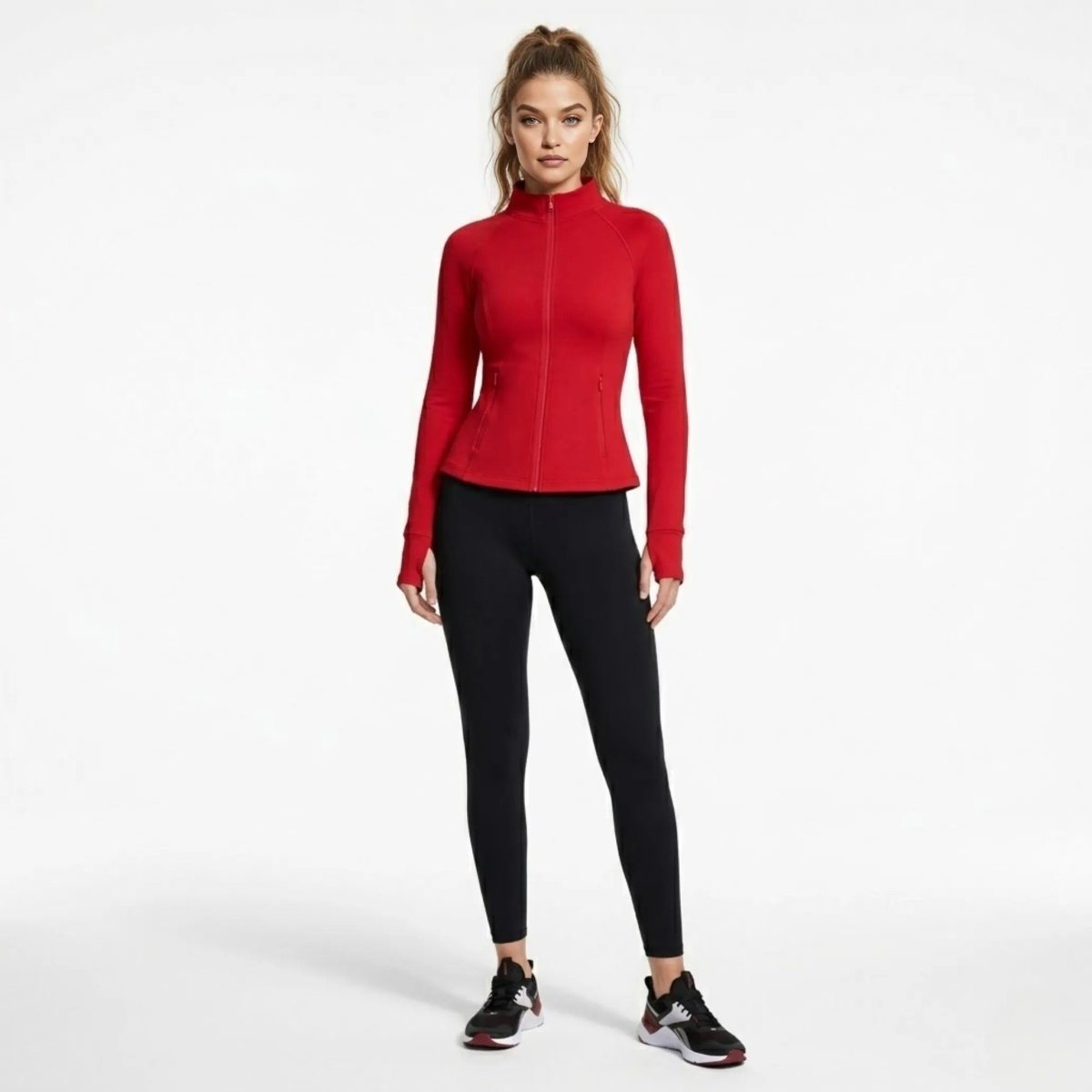 Full body front view of woman styling a red zip-up athletic jacket and black activewear leggings