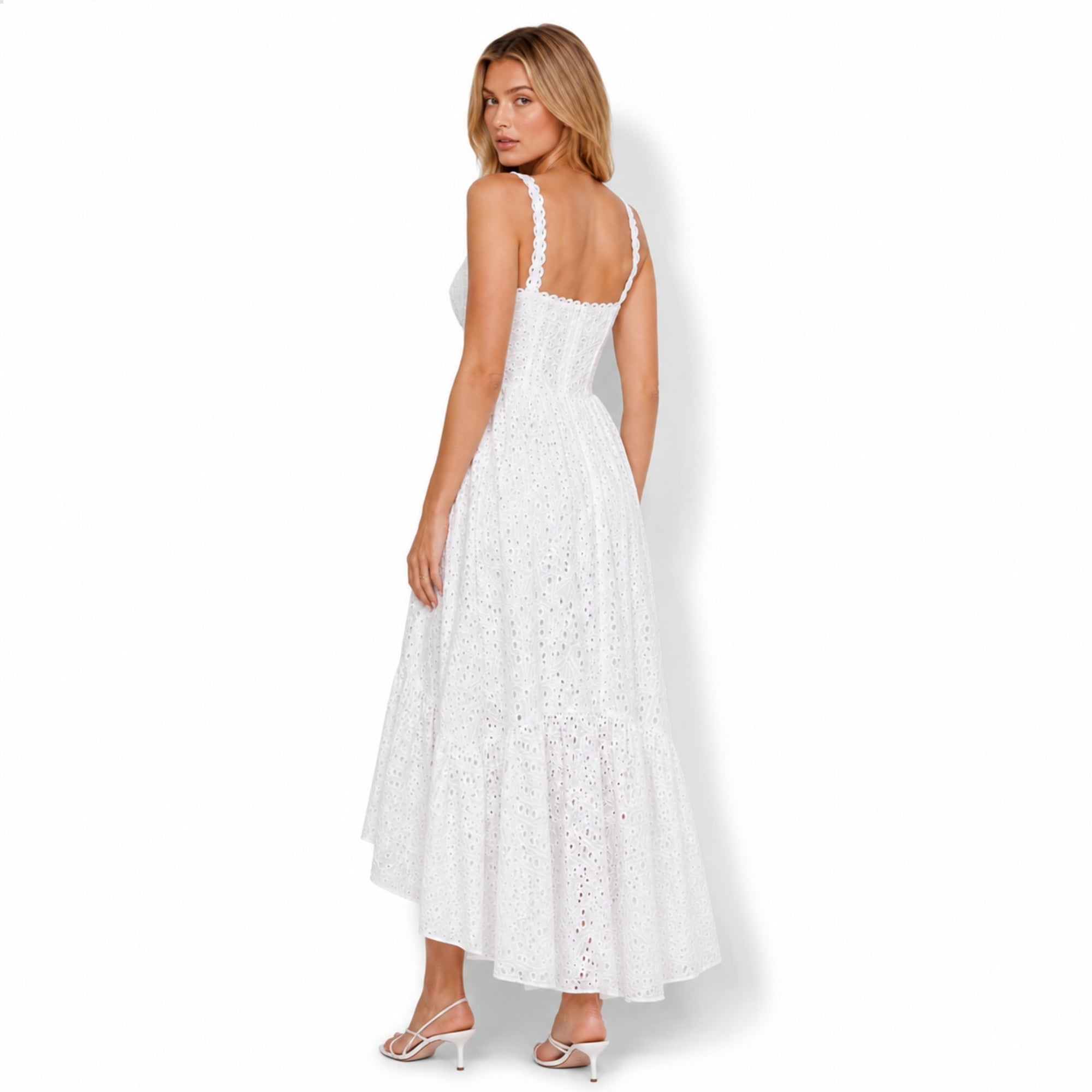 Back view of Kouvr white broderie anglaise resort wear dress highlighting adjustable spaghetti straps and fitted bodice