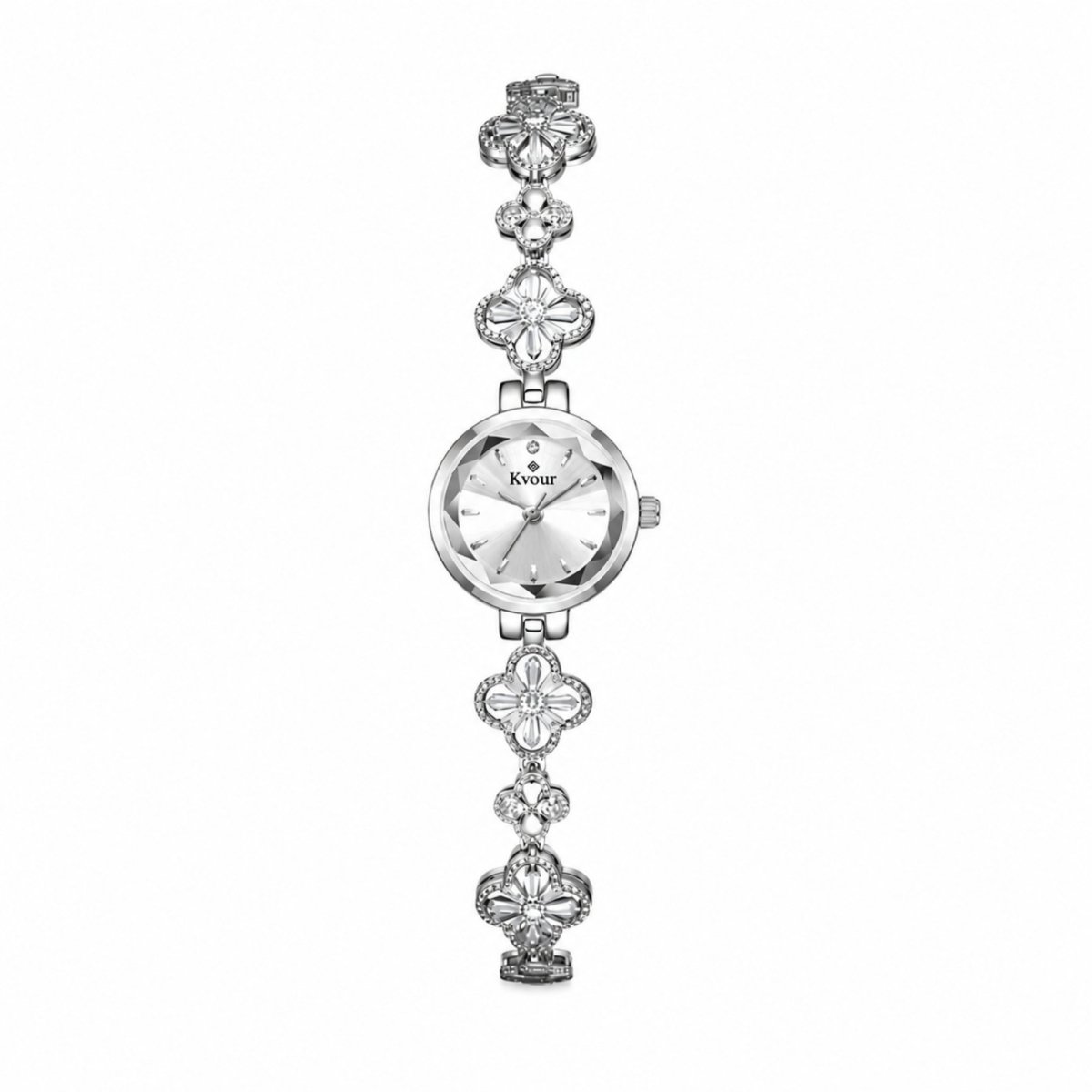 Studio shot of sophisticated women's silver tone bracelet watch featuring rhinestone clover motifs and a diamond cut dial