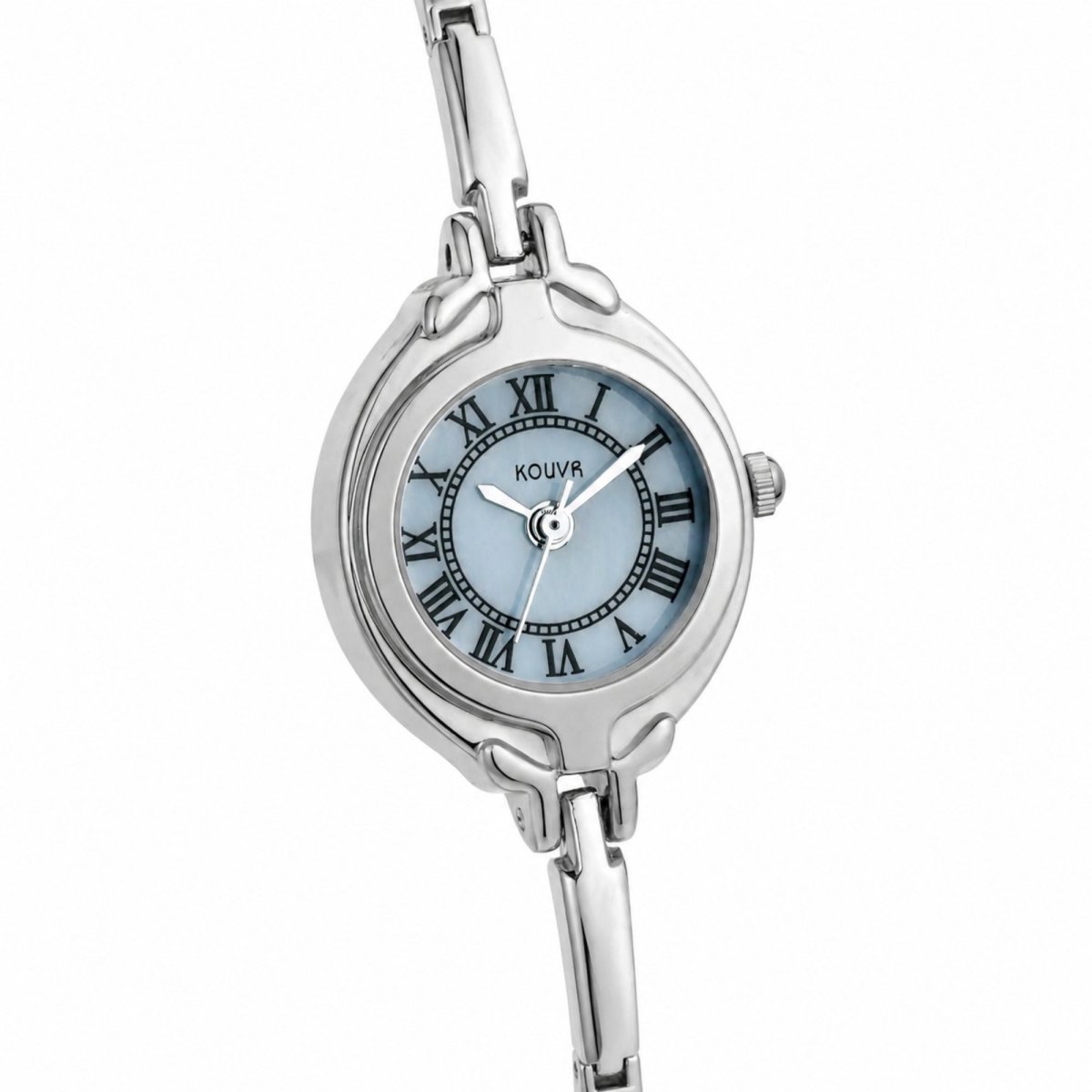 Angled profile of a women's silver-tone jewelry watch highlighting the seamless bangle bracelet design.