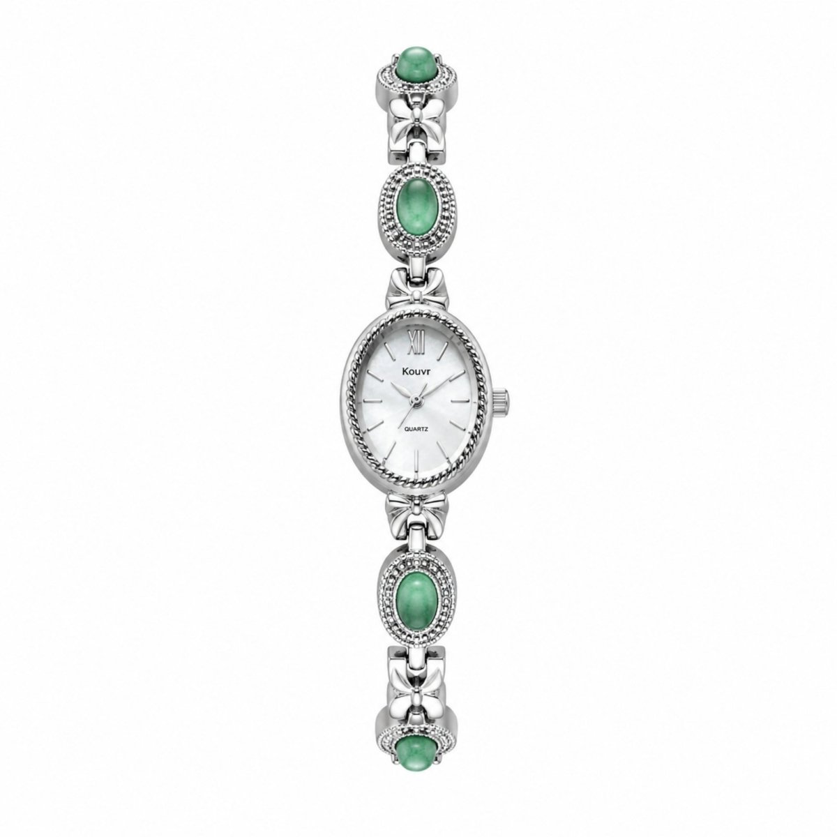 Front-facing studio shot of Kouvr women's silver elegant jewelry watch with green cabochon stones and an oval face against a clean white background.