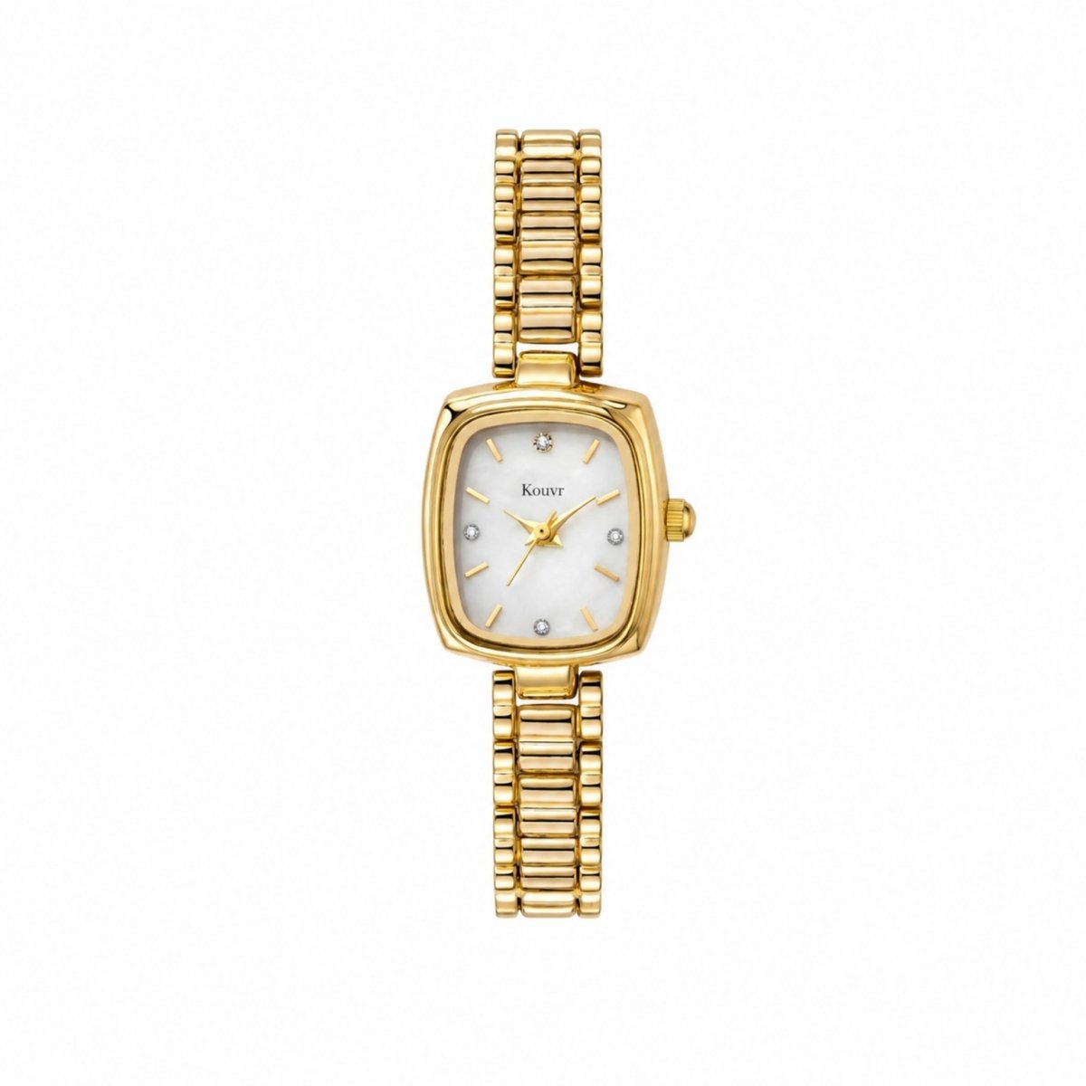 Close up front view of the Kouvr women's gold watch showing the iridescent mother of pearl face and subtle crystal hour markers.
