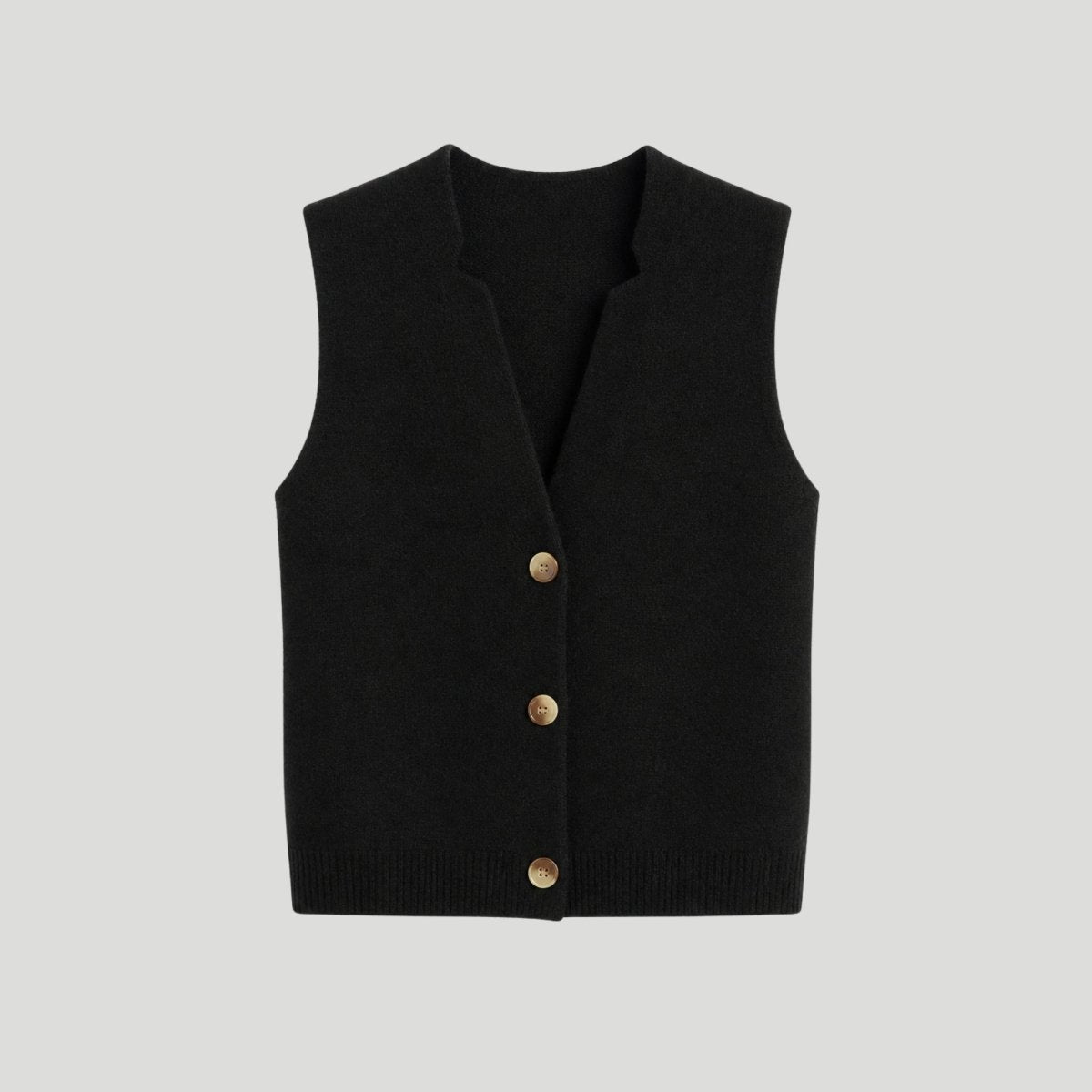 Flat lay of black v-neck cashmere blend button-up waistcoat with tortoiseshell buttons