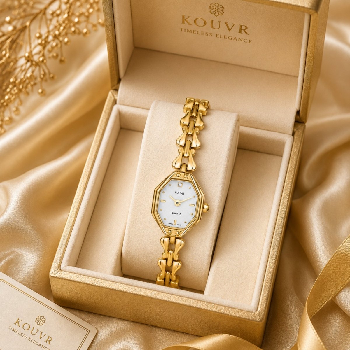 Dainty women's vintage gold octagon watch with link bracelet displayed inside a luxury Kouvr presentation box on golden silk.