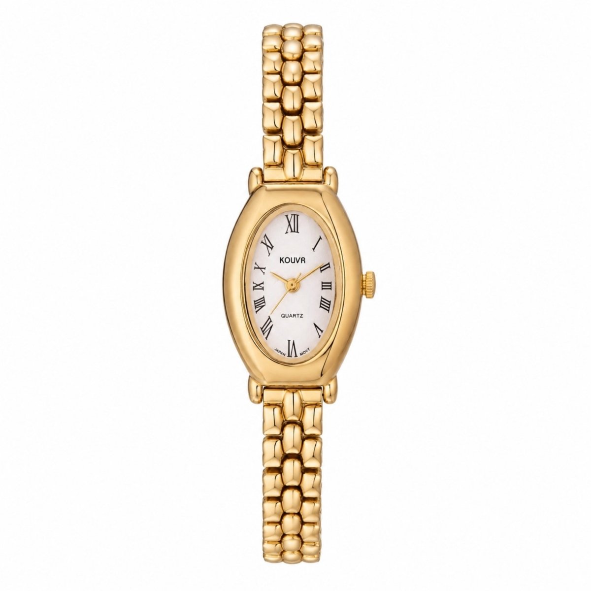 Dainty vintage style gold oval watch for women featuring a white face with Roman numerals and jewelry link bracelet.
