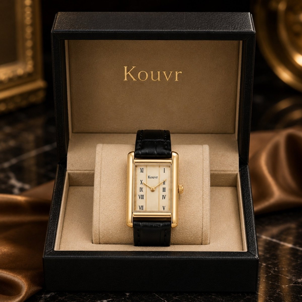 Kouvr vintage rectangular gold watch for women resting in a luxury black presentation box on premium silk fabric.