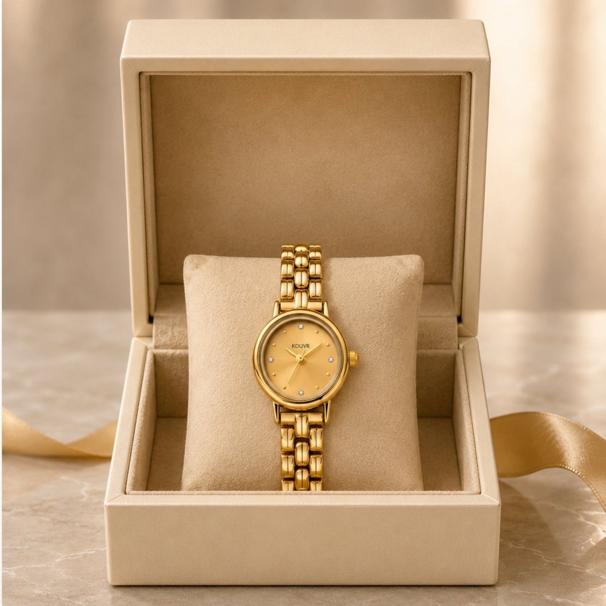 Elegant women's vintage gold watch by Kouvr displayed inside a luxury beige presentation box with a gold ribbon.